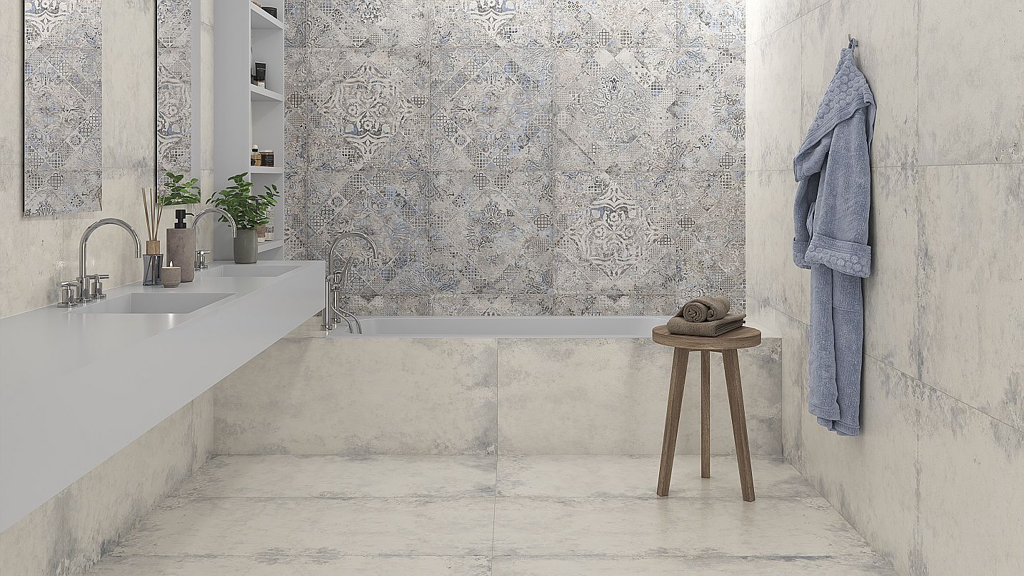 Caristo - Exkluzivní obklad a dlažba v povrchu pololesk, která vychází ze základu imitace cementu a v kombinaci s jedinečným dekorem v odstínu modré barvy je garancí luxusní koupelny nebo dlažby v interiérů